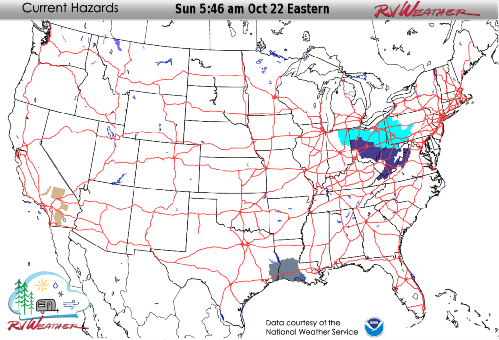 Summary of current National Weather Service Warnings and Advisories in effect that are of relevance to RV'ers and travellers