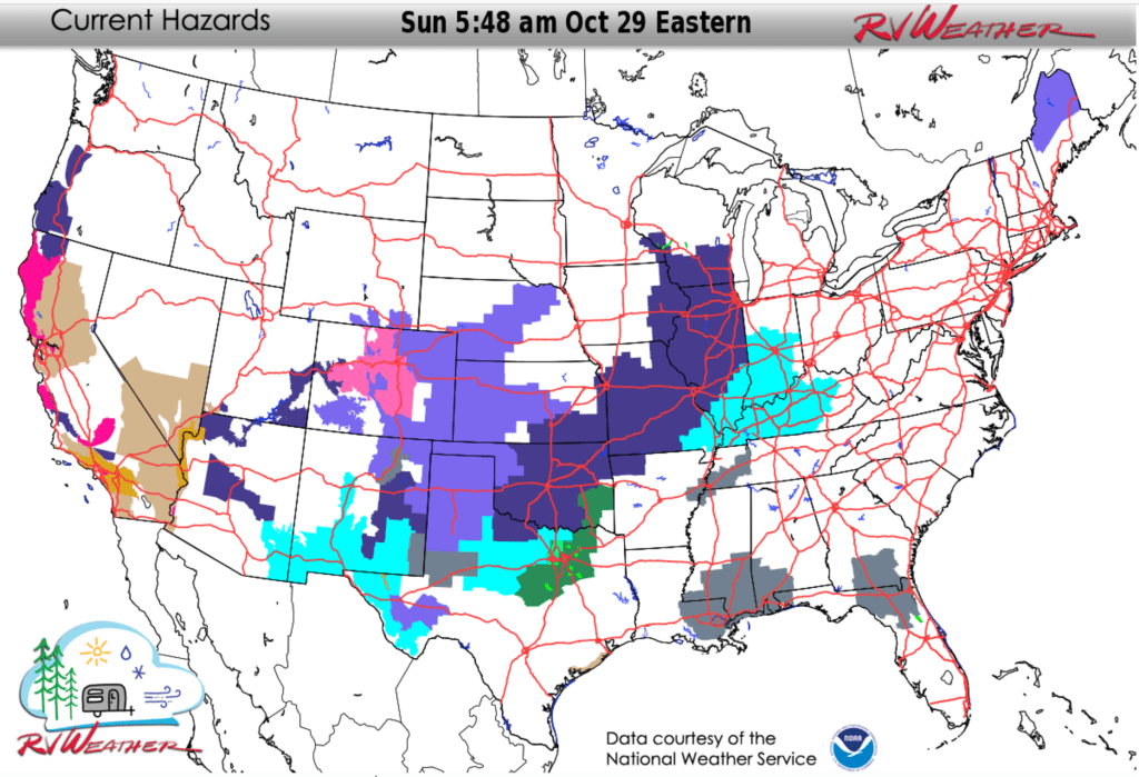Summary of current National Weather Service Warnings and Advisories in effect that are of relevance to RV'ers and travellers