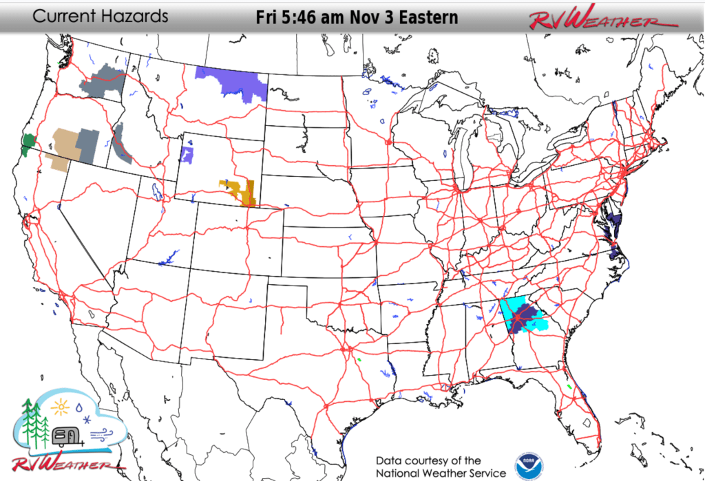 Summary of current National Weather Service Warnings and Advisories in effect that are of relevance to RV'ers and travellers