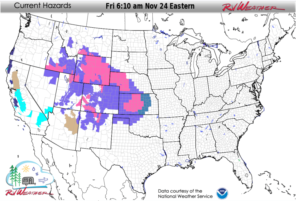 Summary of current National Weather Service Warnings and Advisories in effect that are of relevance to RV'ers and travellers