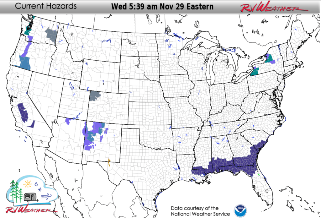 Summary of current National Weather Service Warnings and Advisories in effect that are of relevance to RV'ers and travellers