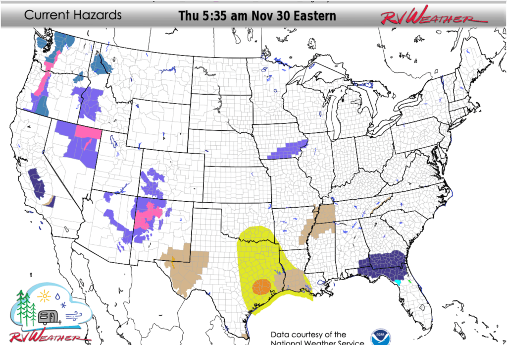 Summary of current National Weather Service Warnings and Advisories in effect that are of relevance to RV'ers and travellers