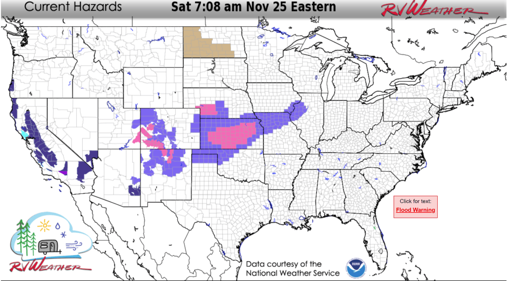 Summary of current National Weather Service Warnings and Advisories in effect that are of relevance to RV'ers and travellers