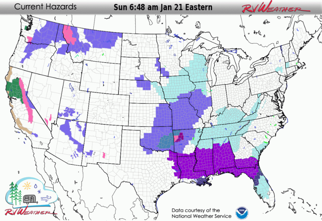 Summary of current National Weather Service Warnings and Advisories in effect that are of relevance to RV'ers and travellers