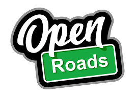 Logo for Open Roads featuring a road sign and stylized text.
