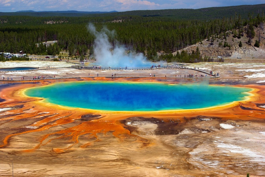 grand prismatic spring, thermal, spring, grand, prismatic, yellowstone, national, park, geothermal, pool, volcanism, steam, nature, color, landscape, america, minerals, hot, wyoming, usa, spectrum, sky, yellowstone, yellowstone, yellowstone, yellowstone, yellowstone
