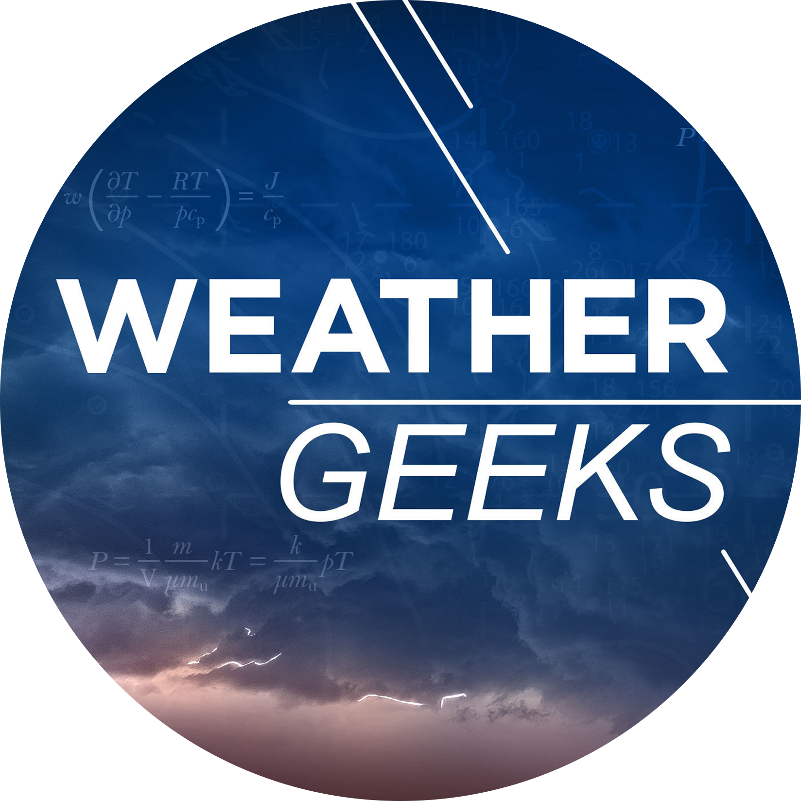 Logo of Weather Geeks featuring bold text on a background of storm clouds.